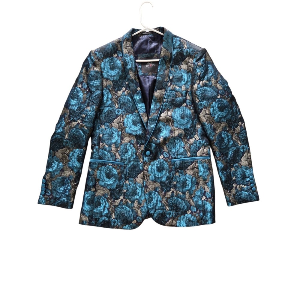 Tazzio Bespoke Floral Jacquard Slim Fit Teal Blazer M Jacket Dapper Glam Prom
